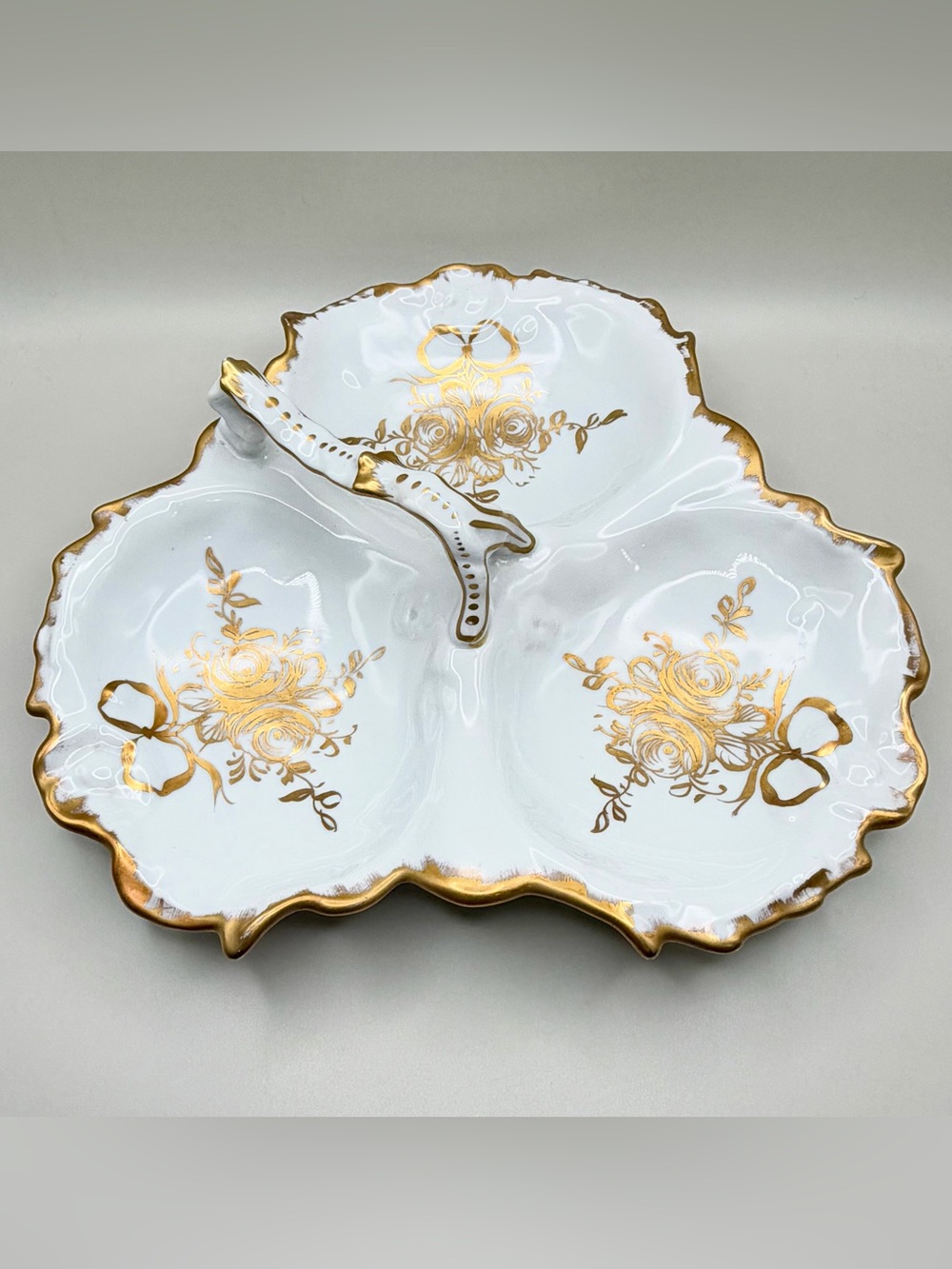 VTG French Porcelain 3 Compartment Server Tray Gold Floral Hollywood Regency